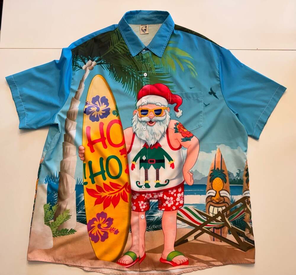 Hardaddy Christmas Santa Surfing Short Sleeve Button Down Shirt 2XL